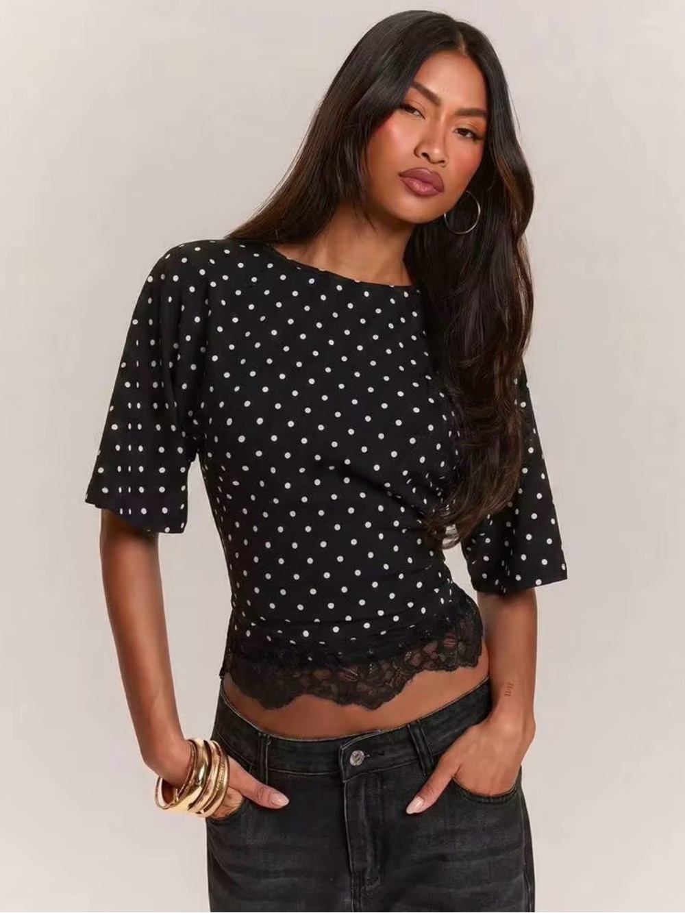 Black Polka Dot Lace-Hem Women's Top